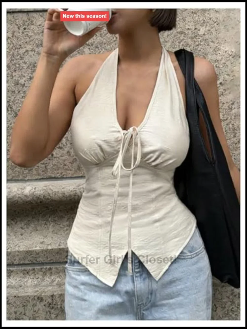 Halter Neck Sleeveless Tie Front Tank Top Asymmetrical Party Outfit
